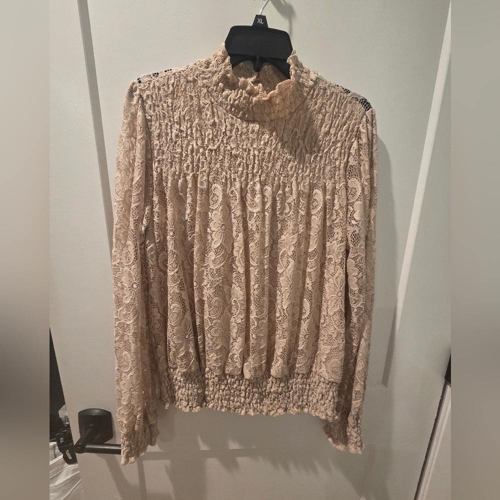 Lace Smocked High-Neck Blouse - Beige